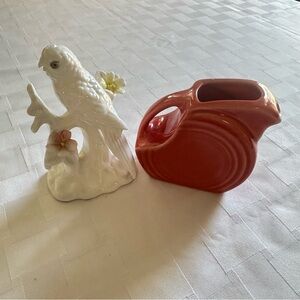 Elegant White Ceramic Bird parrot Figurine & fiesta mini pitcher
